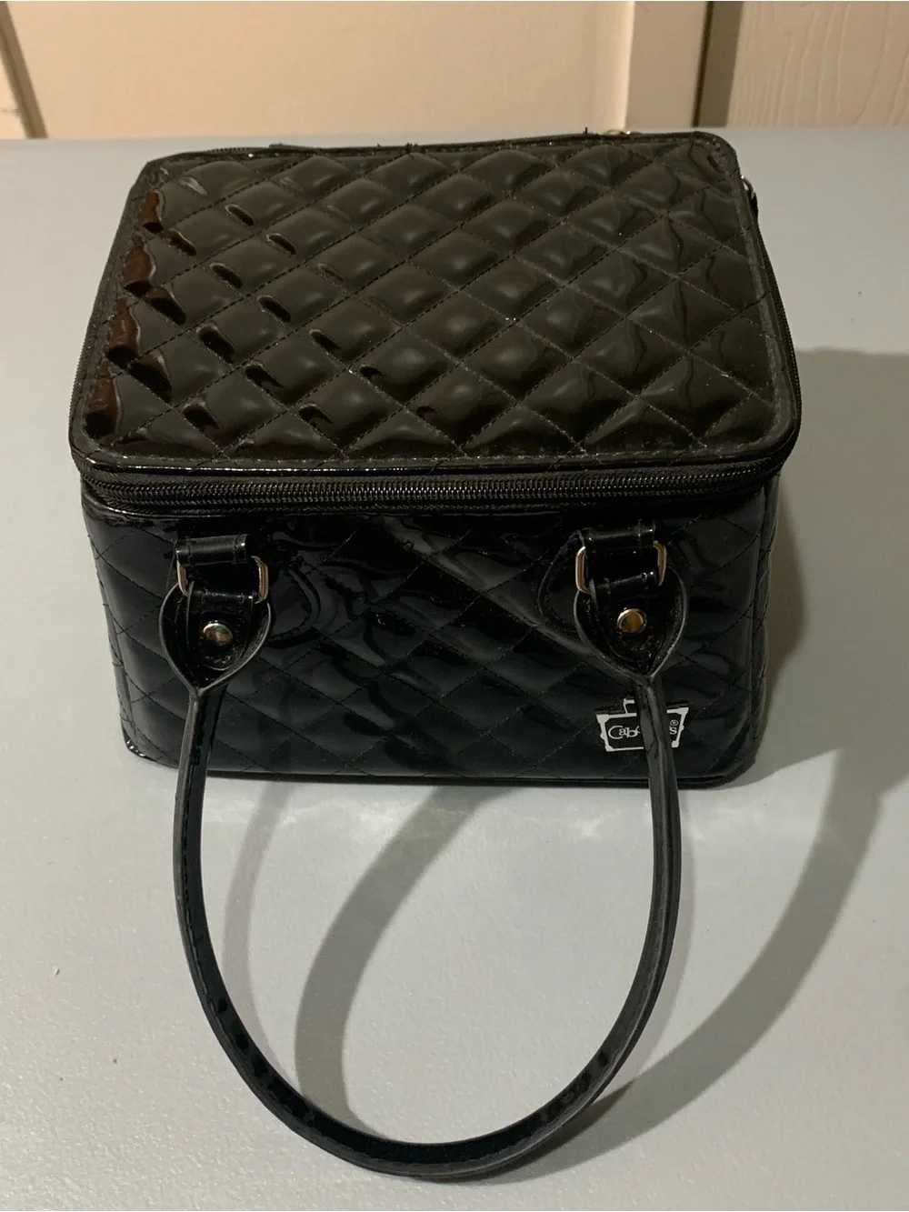Black Quilted Patent Cosmetic Train Case with Double Handles